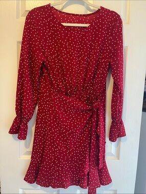 Red Polka Dot Long-Sleeve Tie-Detail Dress